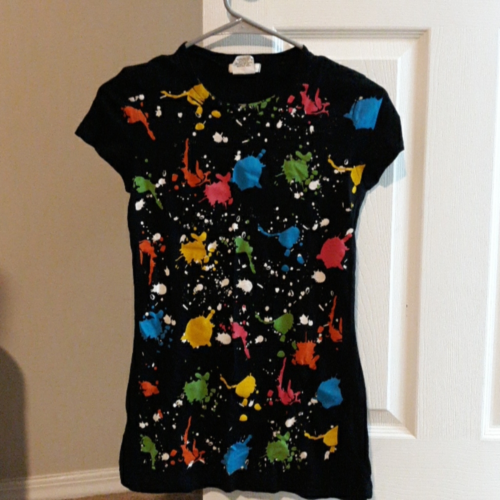 Black tshirt with multicolored paint accents
